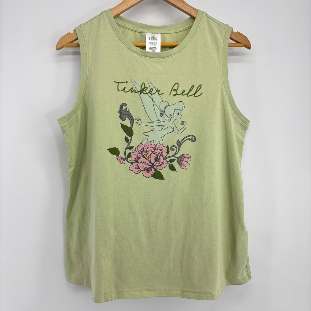 Disney Parks Tinker Bell Graphic Tank Top Adult Large Green Floral Fairy Tee